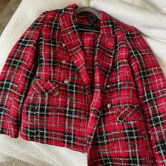 Rachel Zoe red plaid tweed skirt suit - Picture 1 of 5